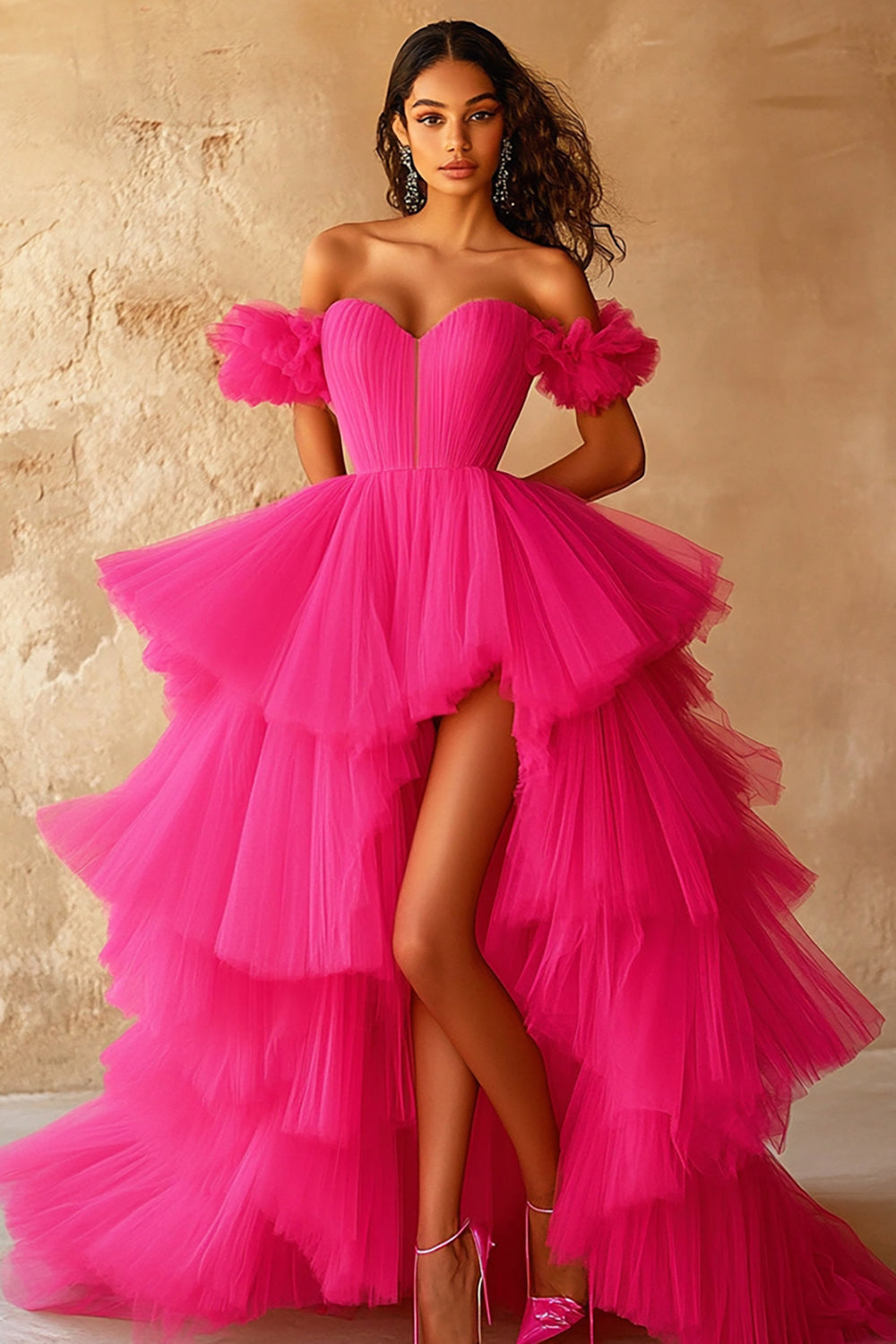 Fuchsia Tulle Off The Shoulder High-Low Ball Gown Prom Dress with Ruffles