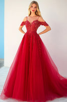 Load image into Gallery viewer, Red Tulle Cold Shoulder Long Ball Gown Prom Dress with Lace