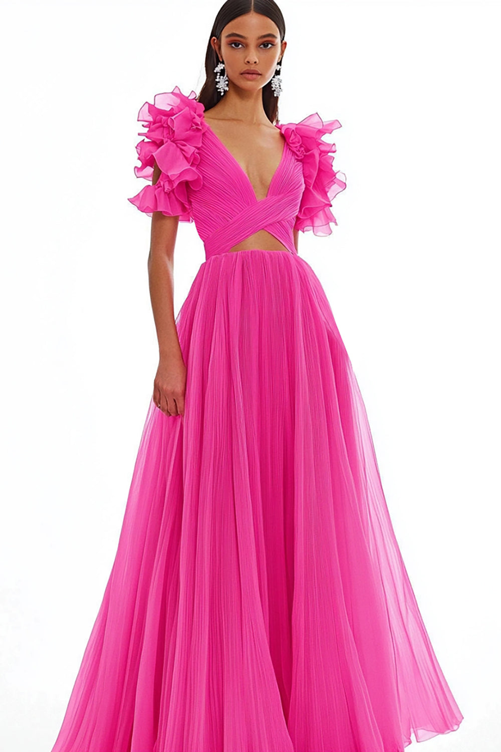 Fuchsia Tulle Cut Out Long A Line Prom Dress with Ruffles