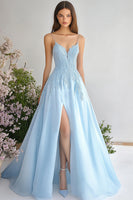 Load image into Gallery viewer, Sky Blue Spaghetti Straps Long A-Line Prom Dress with Lace