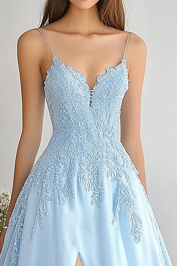 Sky Blue Spaghetti Straps Long A-Line Prom Dress with Lace
