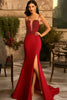 Load image into Gallery viewer, Red Satin Spaghetti Straps Long Mermaid Prom Dress with Lace