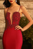 Load image into Gallery viewer, Red Satin Spaghetti Straps Long Mermaid Prom Dress with Lace