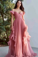 Load image into Gallery viewer, Dusty Rose Tulle Off The Shoulder Long A Line Prom Dress with Ruffles