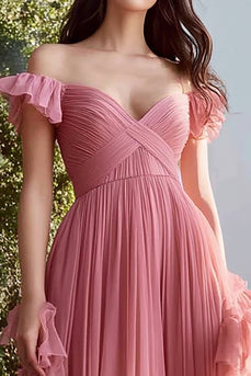 Dusty Rose Tulle Off The Shoulder Long A Line Prom Dress with Ruffles