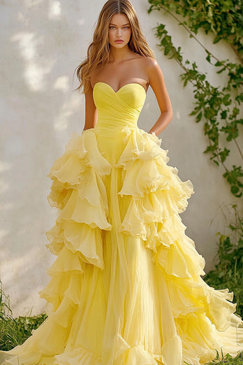 Daffodil Sweetheart Long Ball Gown Prom Dress with Ruffles