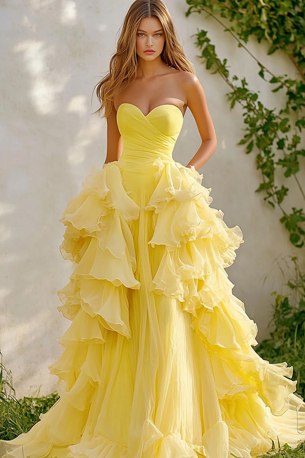 Daffodil Sweetheart Long Ball Gown Prom Dress with Ruffles