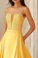 Load image into Gallery viewer, Yellow Satin Spaghetti Straps Long A-Line Prom Dress with Lace