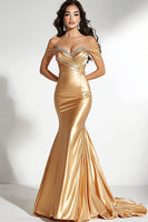 Load image into Gallery viewer, Sparkly Gold Off The Shoulder Long Mermaid Prom Dress with Pleats