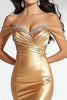 Load image into Gallery viewer, Sparkly Gold Off The Shoulder Long Mermaid Prom Dress with Pleats