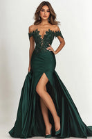 Load image into Gallery viewer, Dark Green Satin Off The Shoulder Long Mermaid Prom Dress with Lace