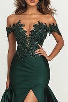 Load image into Gallery viewer, Dark Green Satin Off The Shoulder Long Mermaid Prom Dress with Lace