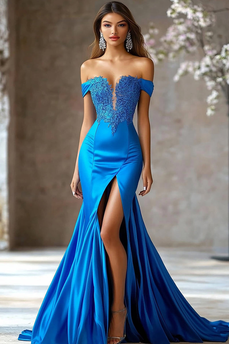 Load image into Gallery viewer, Royal Blue Satin Off The Shoulder Long Mermaid Prom Dress with Lace