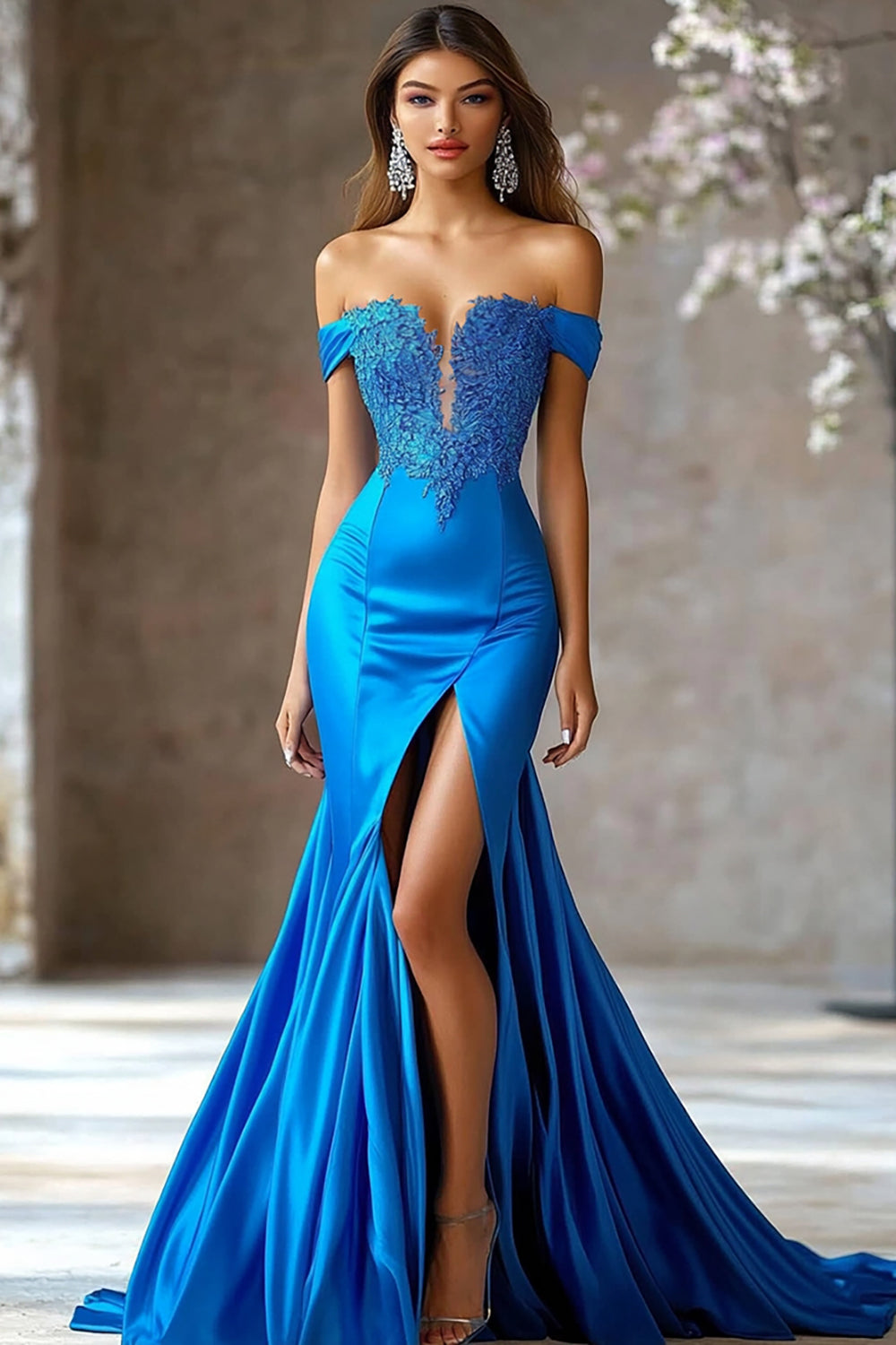 Royal Blue Satin Off The Shoulder Long Mermaid Prom Dress with Lace