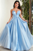 Load image into Gallery viewer, Sparkly Sky Blue Organza Spaghetti Straps Ball Gown Long Prom Dress