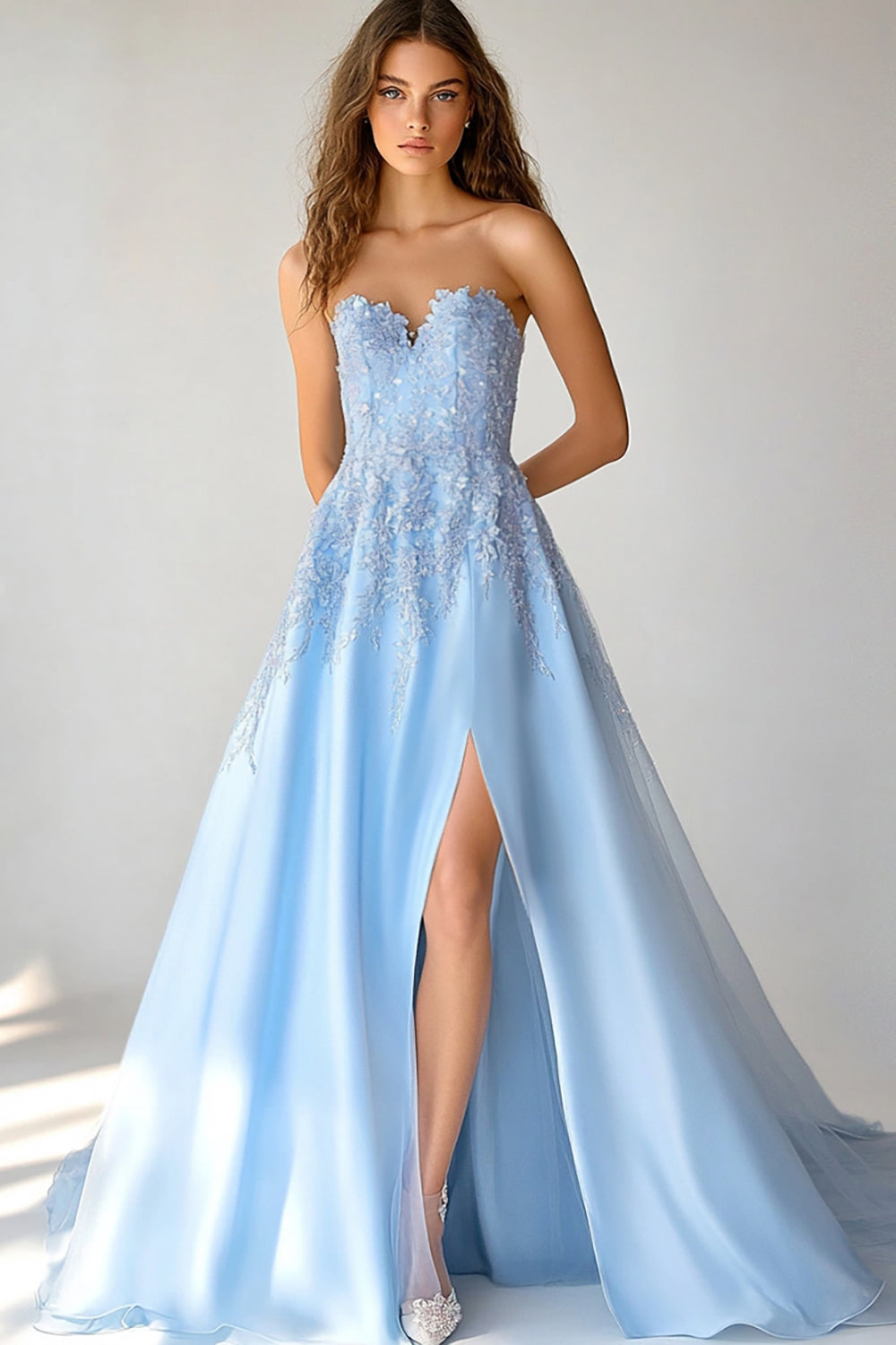Sky Blue Organza Sweetheart Long A Line Prom Dress with Slit