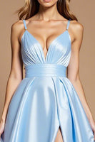 Load image into Gallery viewer, Sky Blue Spaghetti Straps Long A Line Prom Dress with Slit