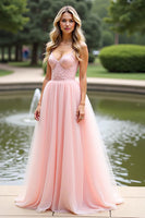Load image into Gallery viewer, Pink Organza Spaghetti Straps Long A Line Prom Dress with Lace