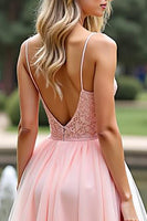 Load image into Gallery viewer, Pink Organza Spaghetti Straps Long A Line Prom Dress with Lace