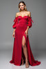 Load image into Gallery viewer, Red Satin Sweetheart Puff Sleeves Long A Line Prom Dress with Slit