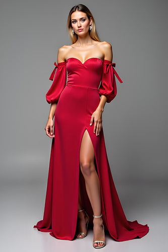 Red Satin Sweetheart Puff Sleeves Long A Line Prom Dress with Slit