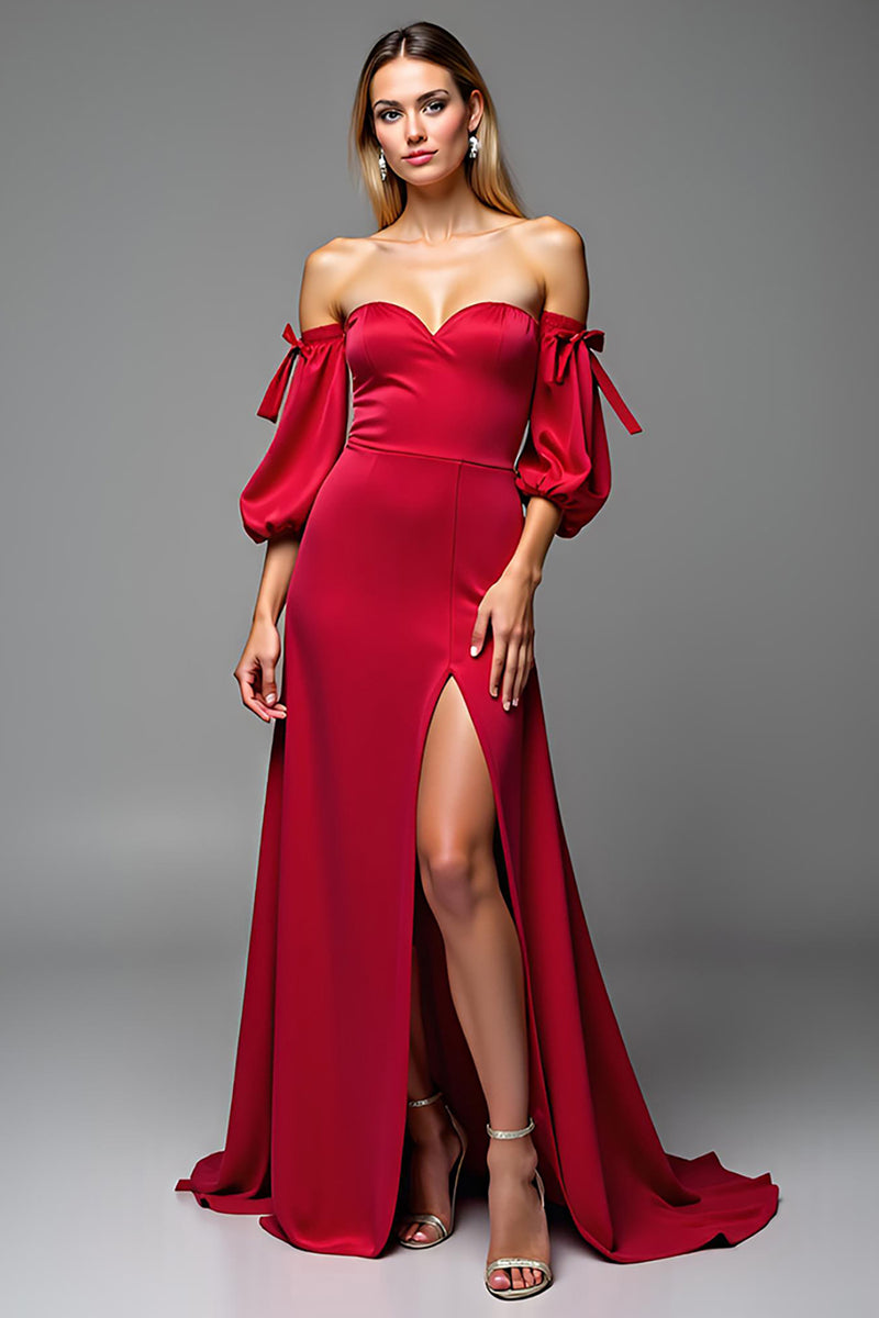 Load image into Gallery viewer, Red Satin Sweetheart Puff Sleeves Long A Line Prom Dress with Slit