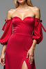 Load image into Gallery viewer, Red Satin Sweetheart Puff Sleeves Long A Line Prom Dress with Slit