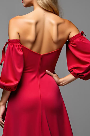 Red Satin Sweetheart Puff Sleeves Long A Line Prom Dress with Slit