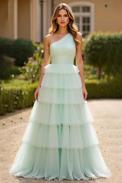 Mint Green One Shoulder Long Ball Gown Prom Dress with Ruffles