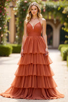 Load image into Gallery viewer, Terracotta Spaghetti Straps Long Ball Gown Prom Dress with Ruffles