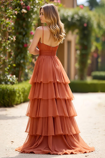 Terracotta Spaghetti Straps Long Ball Gown Prom Dress with Ruffles