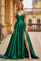 Load image into Gallery viewer, Dark Green Spaghetti Straps Long Ball Gown Prom Dress with Slit