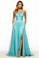 Load image into Gallery viewer, Slate Blue Organza V-Neck Long A Line Prom Dress with Pockets
