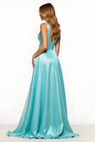 Load image into Gallery viewer, Slate Blue Organza V-Neck Long A Line Prom Dress with Pockets