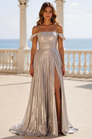 Load image into Gallery viewer, Silver Metallic Off The Shoulder Long A Line Prom Dress with Pleats