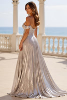 Load image into Gallery viewer, Silver Metallic Off The Shoulder Long A Line Prom Dress with Pleats