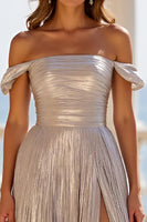 Load image into Gallery viewer, Silver Metallic Off The Shoulder Long A Line Prom Dress with Pleats