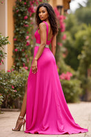 Load image into Gallery viewer, Fuchsia Satin V-Neck Long A Line Prom Dress with Slit