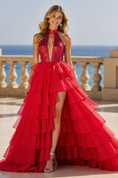 Load image into Gallery viewer, Red High Neck Long Bow Gown Prom Dress with Ruffles