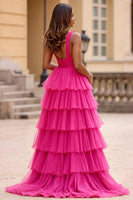 Load image into Gallery viewer, Fuchsia Tulle V-Neck Long Ball Gown Prom Dress with Slit