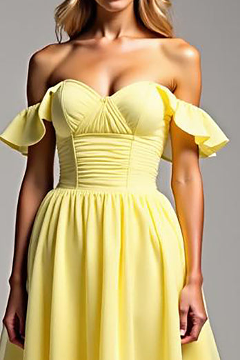 Light Yellow Chiffon Long Ball Gown Prom Dress with Ruffles