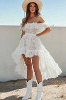 Load image into Gallery viewer, White Lace High-Low A Line Boho Graduation Dress with Ruffles