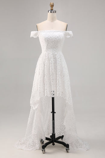White Lace Off The Shoulder High-Low A Line Boho Maxi Dress