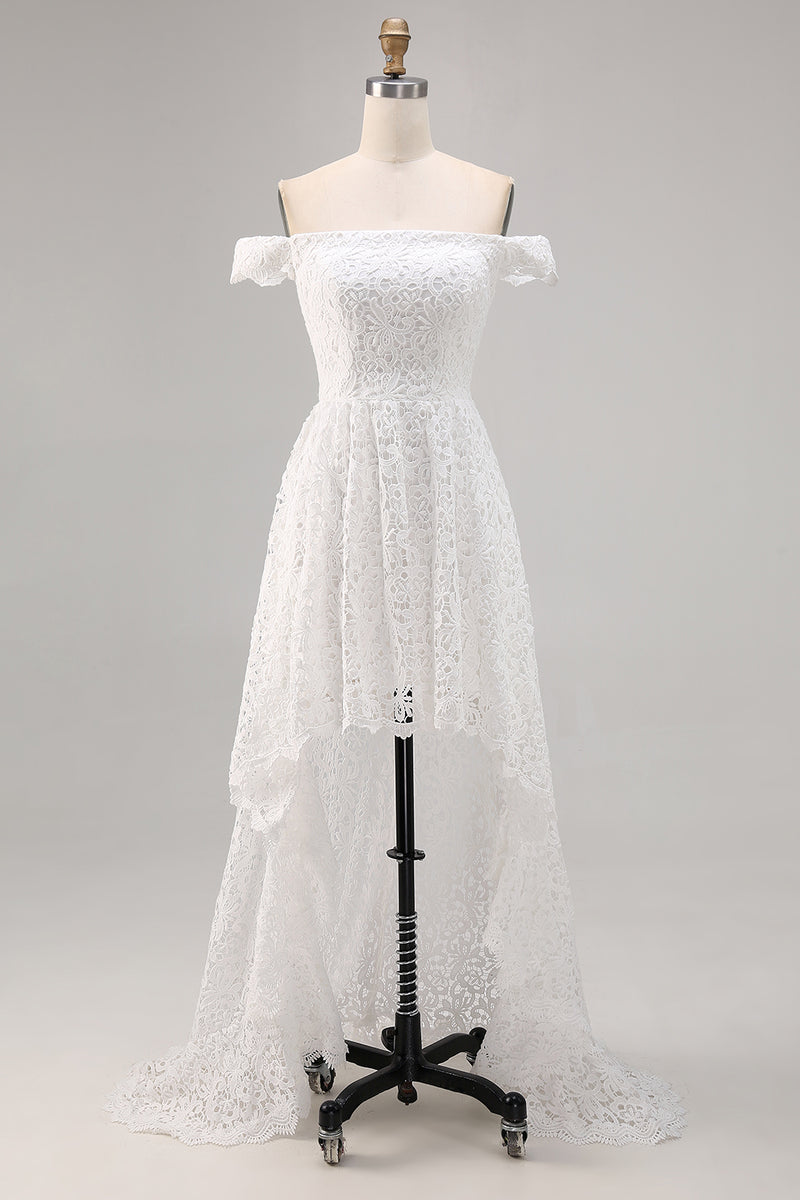 Load image into Gallery viewer, White Lace Off The Shoulder High-Low A Line Boho Maxi Dress