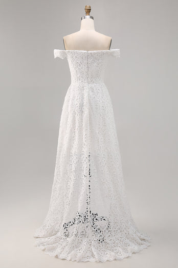 White Lace Off The Shoulder High-Low A Line Boho Maxi Dress