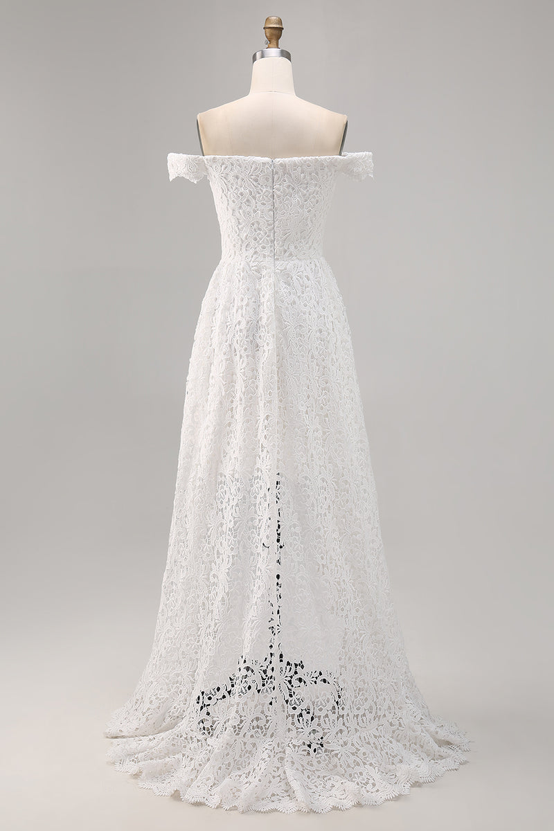Load image into Gallery viewer, White Lace Off The Shoulder High-Low A Line Boho Maxi Dress