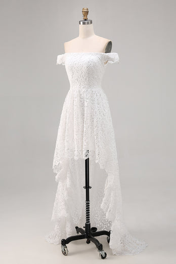 White Lace Off The Shoulder High-Low A Line Boho Maxi Dress