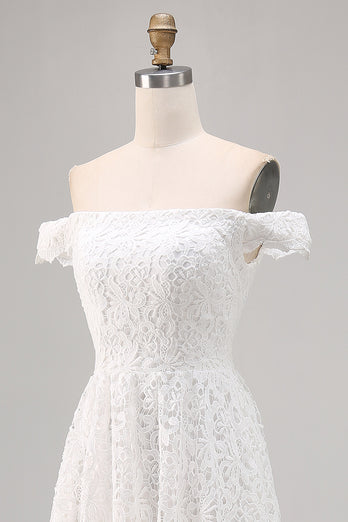 White Lace Off The Shoulder High-Low A Line Boho Maxi Dress
