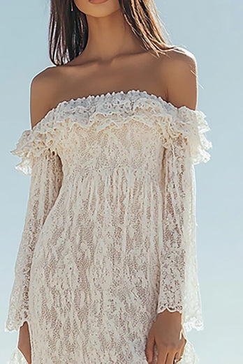 White Lace Off The Shoulder Boho Maxi Dress with Slit