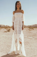 Load image into Gallery viewer, White Lace Off The Shoulder Boho Maxi Dress with Flare Sleeves
